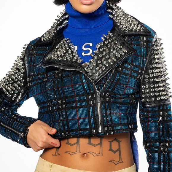 Callie Berry Bling: AZALEA WANG Teal Plaid Rhinestone Studded Moto Jacket L XL - Picture 7 of 8